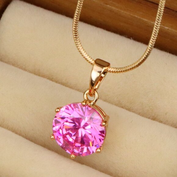 "Brilliant Round Pink Stone Rose Gold Pendant Sparkling Charm, XPPT1599 - Picture 1 of 13